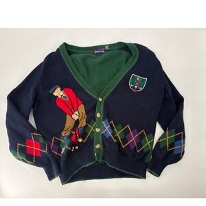 Hathaway Vintage Golf Cardigan Sweater XL Navy Blue Green Argyle Hand Intarsia